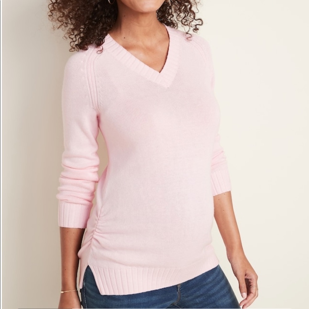 New Pink Maternity Side-Ruched V-Neck Sweater